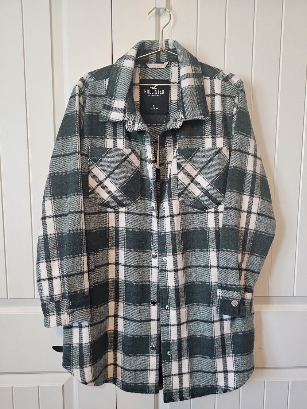 Hollister Green and White Plaid Long Jacket